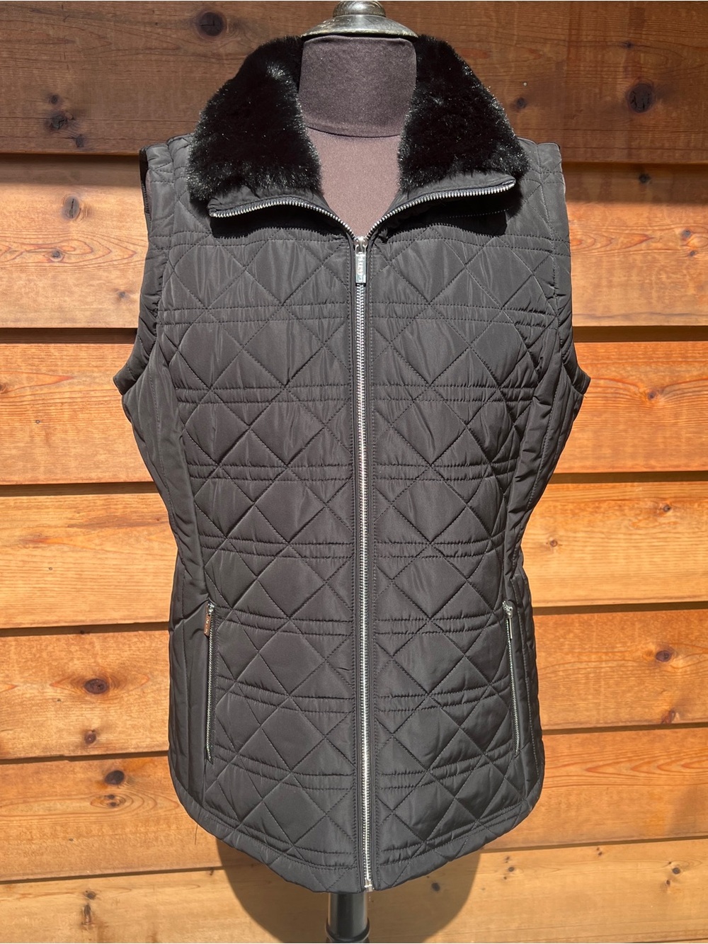 Women’s Calvin Klein Quilted Black Vest with Faux Fur Collar